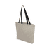 A beige tote bag with black handles, featuring a simple design and a logo.