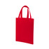 A red tote bag with two handles, featuring a simple design and a branding logo.
