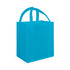 A blue tote bag with two handles and a simple design. It includes a logo on one side.