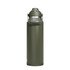 A drink bottle in olive green with a silver cap and handle, featuring a logo on the side.