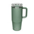 A drink bottle in muted green with a clear lid and a handle, featuring a logo on the base.