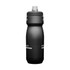 A drink bottle in black with a textured design and a tapered top, featuring a spout and a logo.