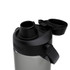 A drink bottle featuring a grey body and a black lid with a drinking spout and a flip-top cap.