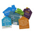 A collection of colourful seed packets shaped like houses, featuring various logos and designs related to community and support.