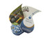 A collection of water drop-shaped promotional items featuring various designs and a logo, primarily in blue and white.