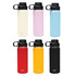 A drink bottle with an infuser lid available in six colours: cream, pink, blue, red, yellow, and black. It features a logo.