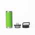 A drink bottle in vibrant green, featuring a stainless steel base and two detachable lids: one clear and one black.