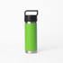 A drink bottle in bright green with a solid black handle, featuring a stainless steel base and a sleek design.
