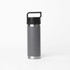 A drink bottle in grey with a solid black handle and a stainless steel base, featuring a logo.