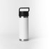 A drink bottle in white with a solid black handle and a stainless steel base, featuring a logo.