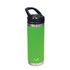 A green drink bottle with a stainless steel base and a black sipper handle, featuring a logo.