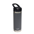 A drink bottle in grey with a stainless steel base and a black sipper handle, featuring a logo.