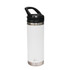 A drink bottle in white with a stainless steel base and a black sipper handle, featuring a logo.