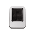 A rectangular silver tin gift box with a clear window and a black interior. It features a logo.