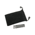 A black velvet pouch with a drawstring, alongside a silver USB drive. The pouch features a small logo.