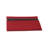 A red neoprene pencil case with a black zipper, featuring a logo on the front.