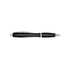A black plastic pen with a silver clip and accents, featuring a sleek design and streamlined shape. It has a logo.