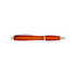 An orange plastic pen with a silver clip and accents, featuring a smooth, rounded design.