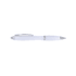 A white plastic pen with silver accents and a smooth barrel design. It features a clip for easy attachment.