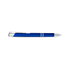 A blue metal pen with a silver clip and accents, featuring a logo on its side.