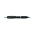 A black pen with a sleek design, featuring a silver tip and clip, and a logo near the grip.