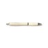 A plastic pen in a light cream colour with a speckled texture and metallic accents. It features a logo.