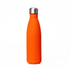A drink bottle in vibrant orange with a steel lid and a smooth finish, featuring a logo.