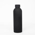 A drink bottle in matte black finish with a rounded body and a screw cap, featuring a logo.