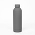 A drink bottle in matte grey with a sleek, single-wall design and a rounded top. It features a logo.