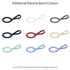 A selection of silicone bands in nine colours: black, white, grey, red, cream, mint, light blue, lavender, and teal.