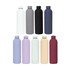 A drink bottle collection featuring various colours: white, grey, black, navy, lavender, pale blue, peach, and burgundy. Each bottle has a sleek design and a logo.