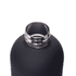 A drink bottle with a matte black finish and a stainless steel opening. It features a logo on the surface.