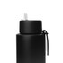 A drink bottle in matte black stainless steel with a silicone handle and a clear spout. It features a logo.