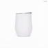 A white metal coffee cup with a silver lid, designed for travel and featuring a logo.