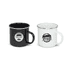 A drinking mug set featuring a black and a white enamel camping mug, both with logos.