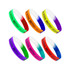 Silicone wristbands in tri-colour designs: green, purple, pink, and orange with a logo.