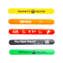 Five silicone slap-bands in yellow, orange, red, and green featuring various designs and a logo on each.