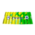 A novelty cardboard clapper featuring green and yellow stripes with soccer balls and branding.