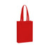A red non-woven tote bag with long handles and a simple design, featuring a logo.