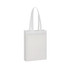 A white non-woven tote bag with two handles and a branding logo.