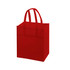 A red reusable shopping bag with two handles and an attached pocket, featuring a logo on the side.