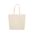 A beige calico tote bag with two handles and no visible branding.