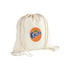 A cream-coloured drawstring bag with a round logo. It features two drawstrings for closure.
