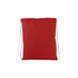 A red drawstring tote bag made of fabric, featuring a simple design and a logo.