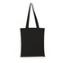 A black tote bag with long handles and a plain design, featuring a logo.