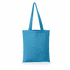 A bright blue tote bag with long handles and a simple design, featuring branding.