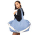 A blue duffle bag with a white shoulder strap, held by a model wearing a black hoodie. The bag has a branding logo.
