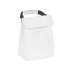 A white cooler bag with a black grip handle, featuring a fold-over flap and a sleek design.