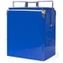 A blue metal cooler box featuring a sturdy handle and metallic accents, designed for storing drinks.
