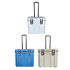 A cooler box with wheels available in white, blue, and beige, featuring a sturdy handle for easy transport.